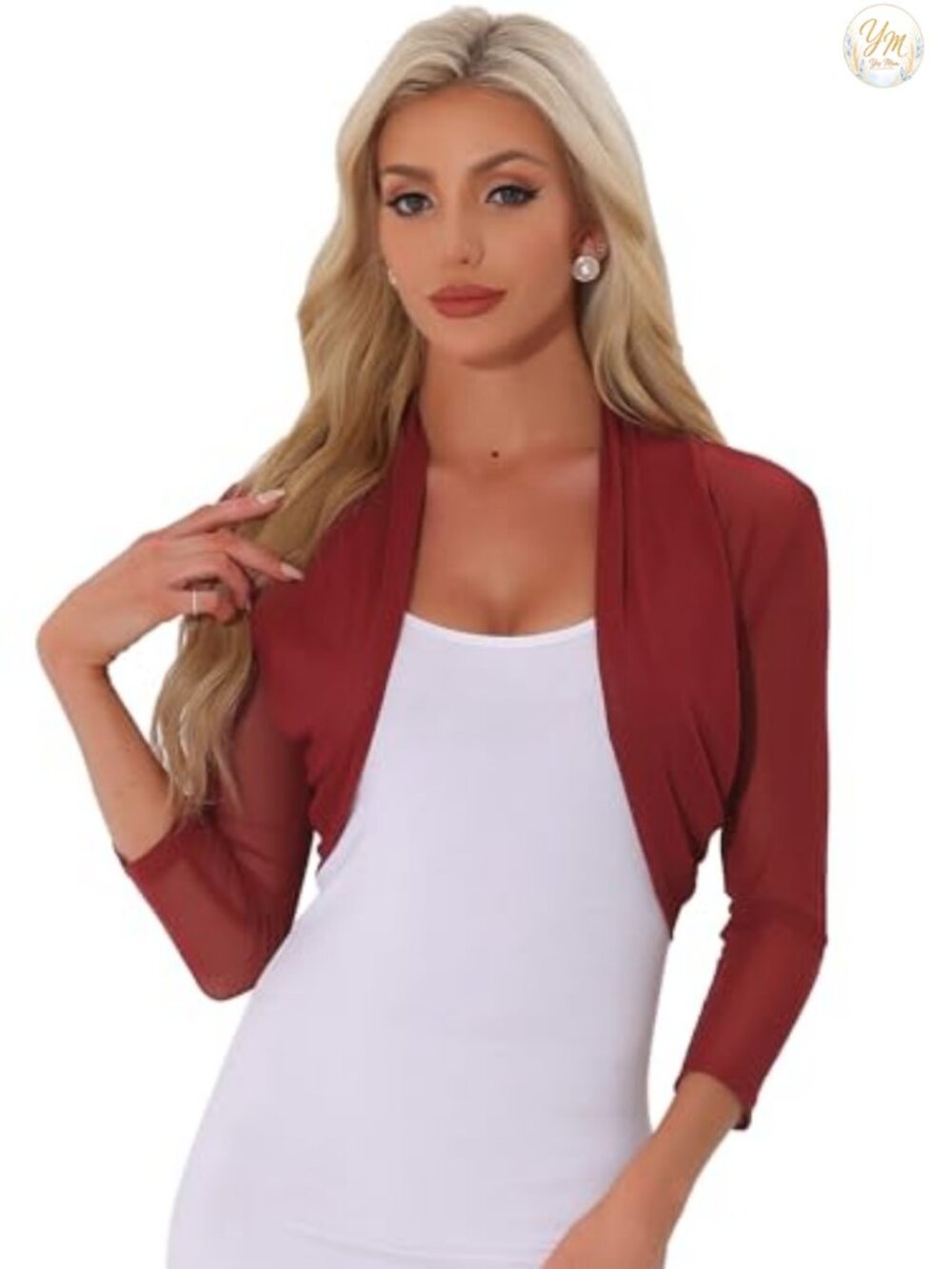 Mesh Sheer Cardigan 3/4 Sleeve Crop Bolero Shrug Ruched Back